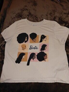 Barbie White Short Sleeve Tee with Pink and Peach Portrait Blocks
